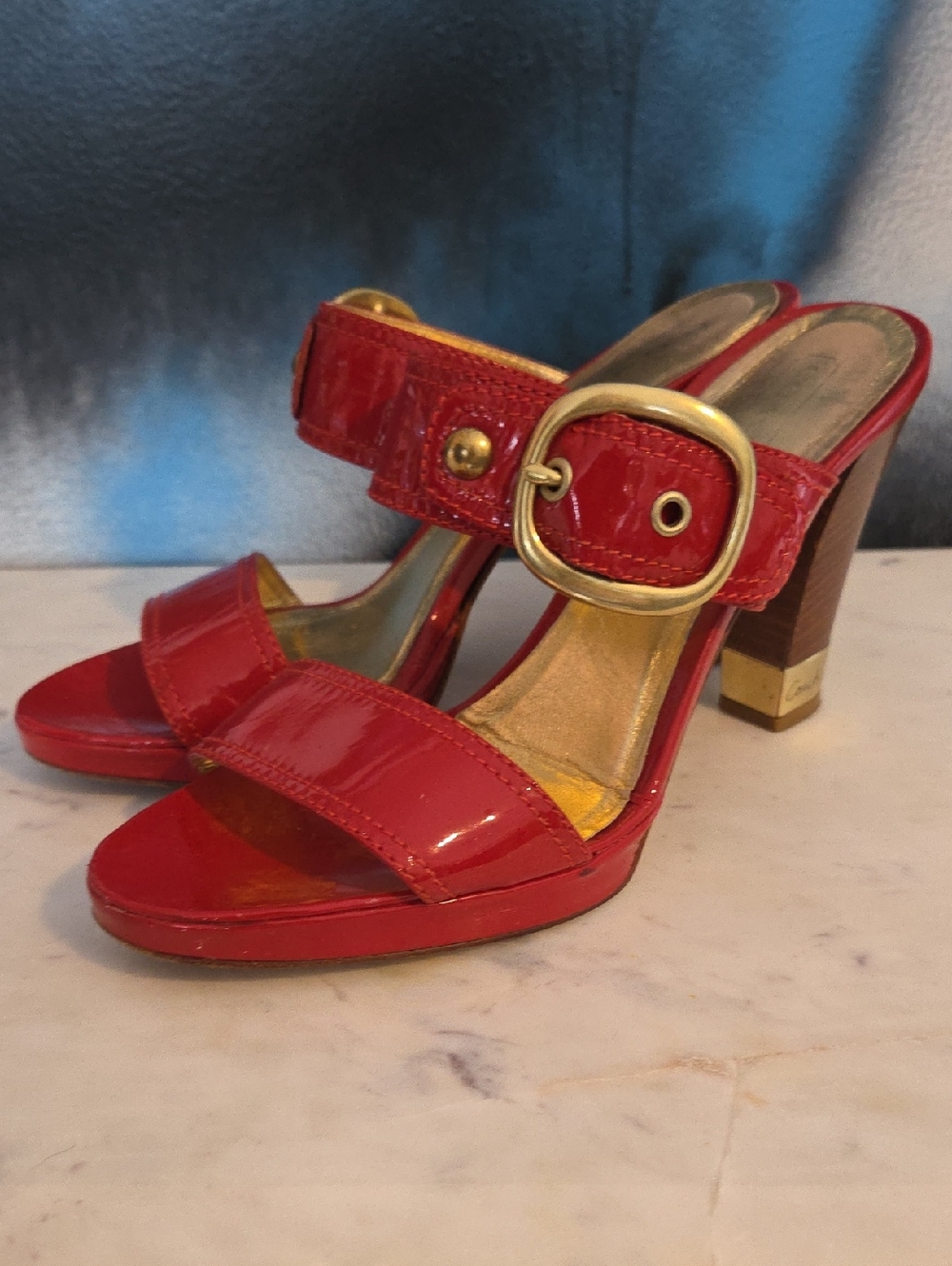 Coach RARE Burnt Orange Patent Leather Block Heel Slide Sandals/Gold Buckle